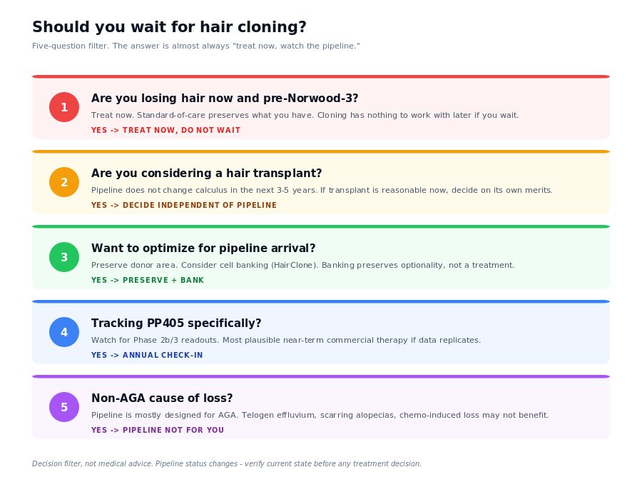 Decision flowchart: should you wait for hair cloning or treat now?