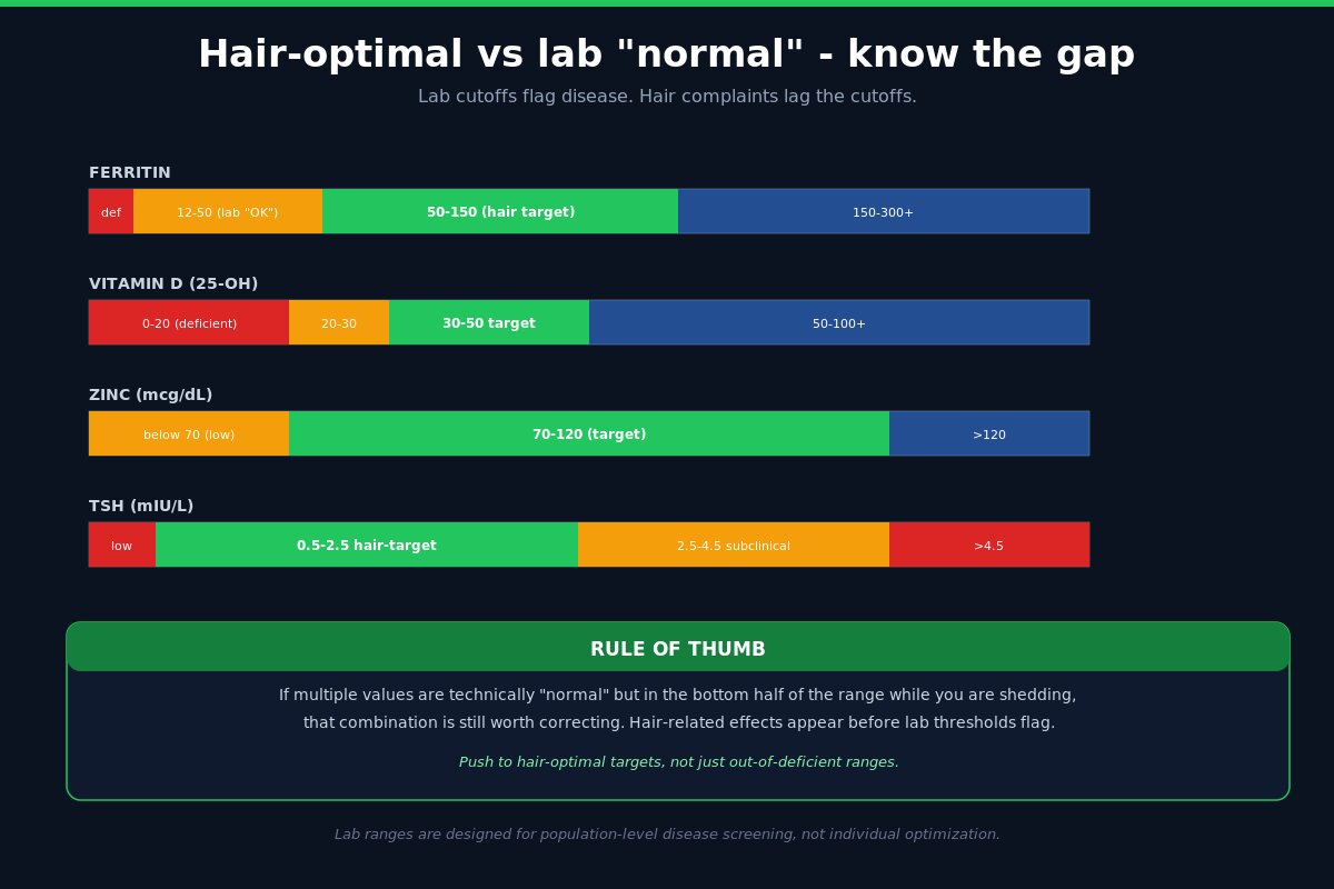Hair-optimal vs lab normal ranges for ferritin vitamin D zinc TSH
