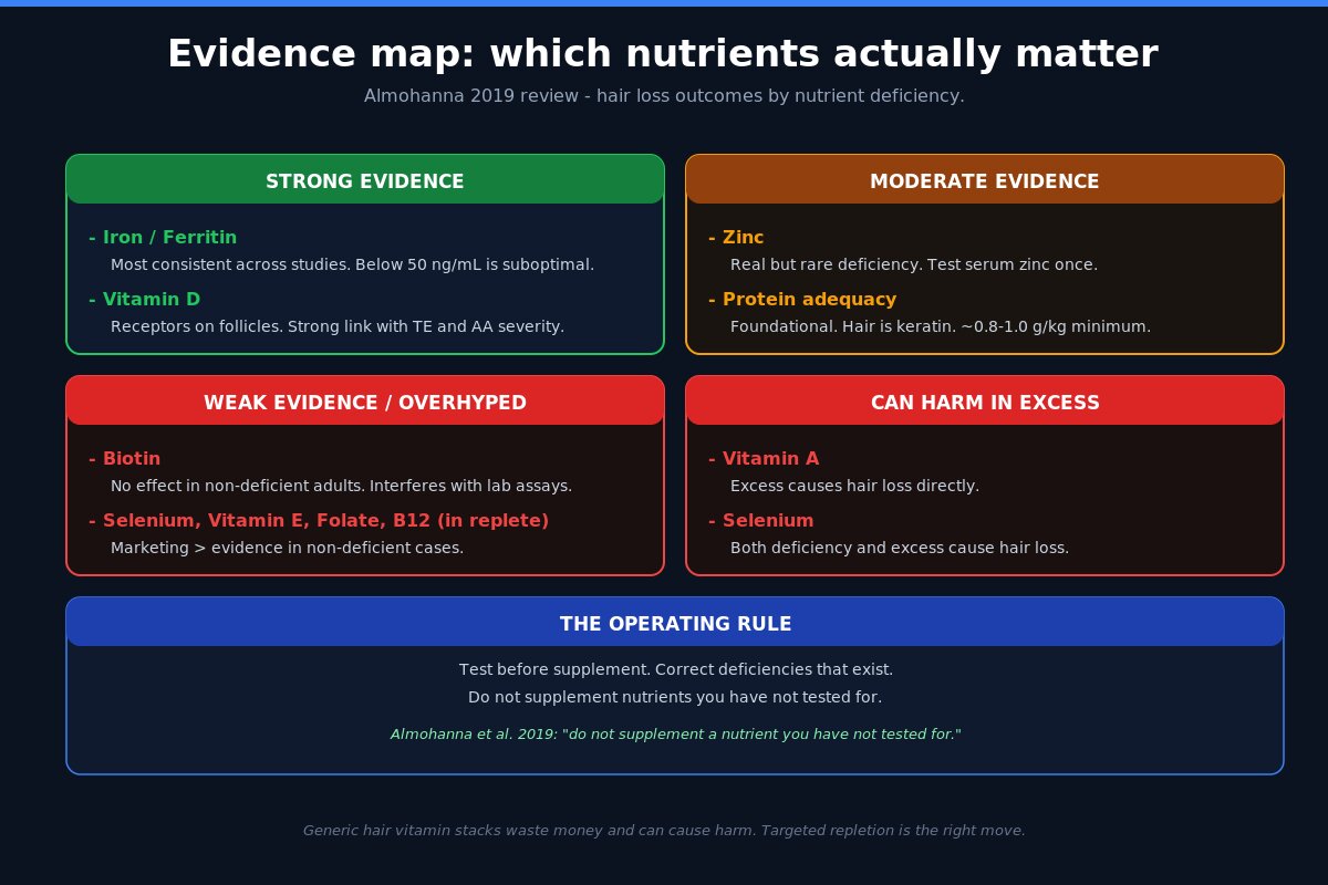 Nutrient hair loss evidence map - iron, vitamin D, zinc, biotin