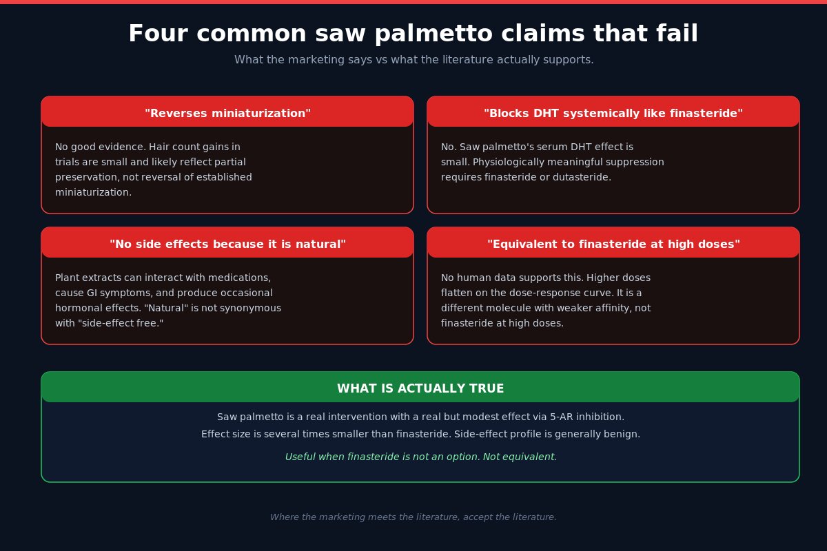 Four common saw palmetto hair loss claims that fail in the literature