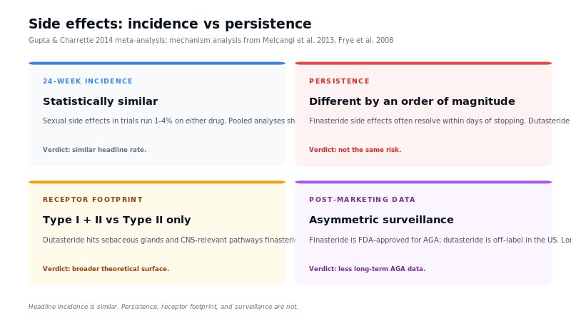 Side effect comparison panel: finasteride vs dutasteride incidence and persistence