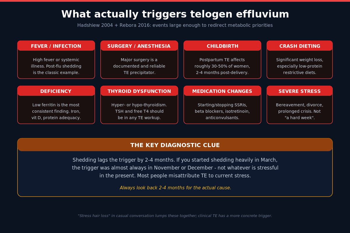 Telogen effluvium triggers grid - fever surgery childbirth deficiency thyroid medication stress