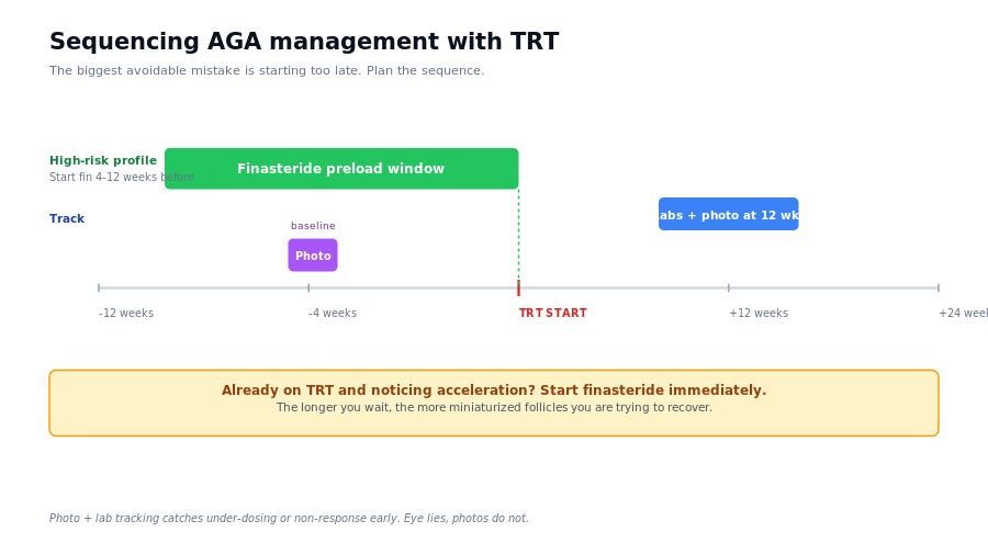 TRT and AGA treatment timing: starting finasteride before TRT, lab tracking, photo protocol
