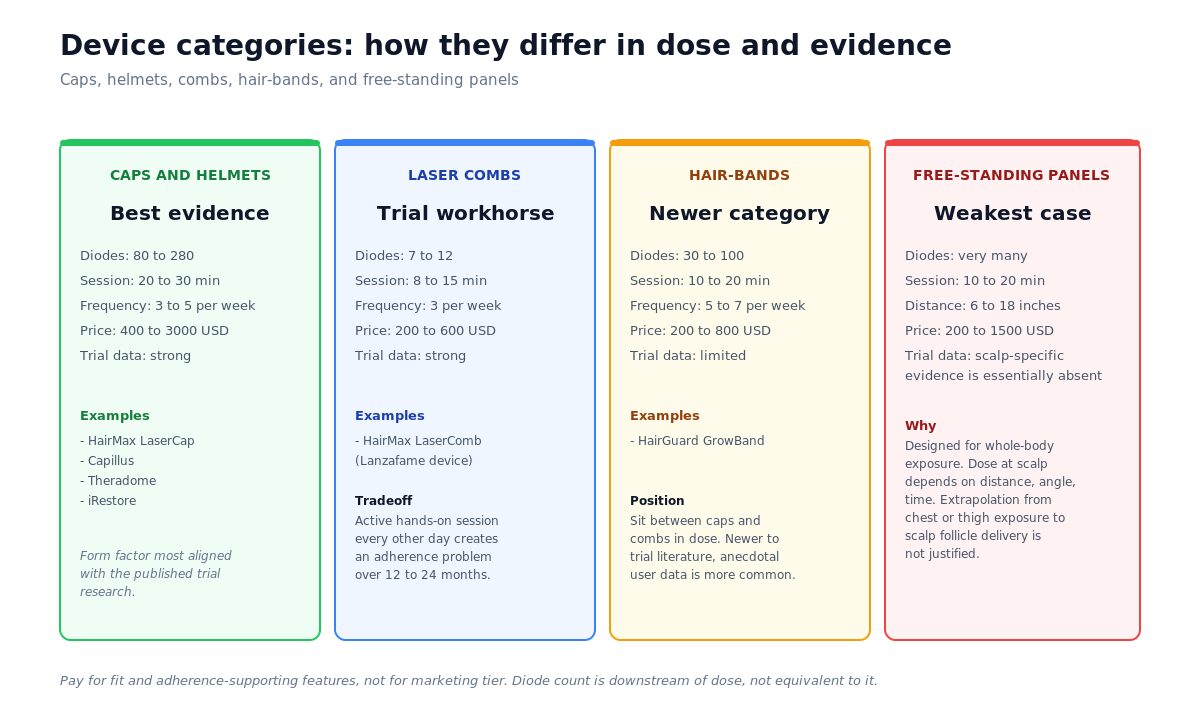 LLLT device categories compared: caps and helmets, laser combs, hair-bands, and free-standing red light panels
