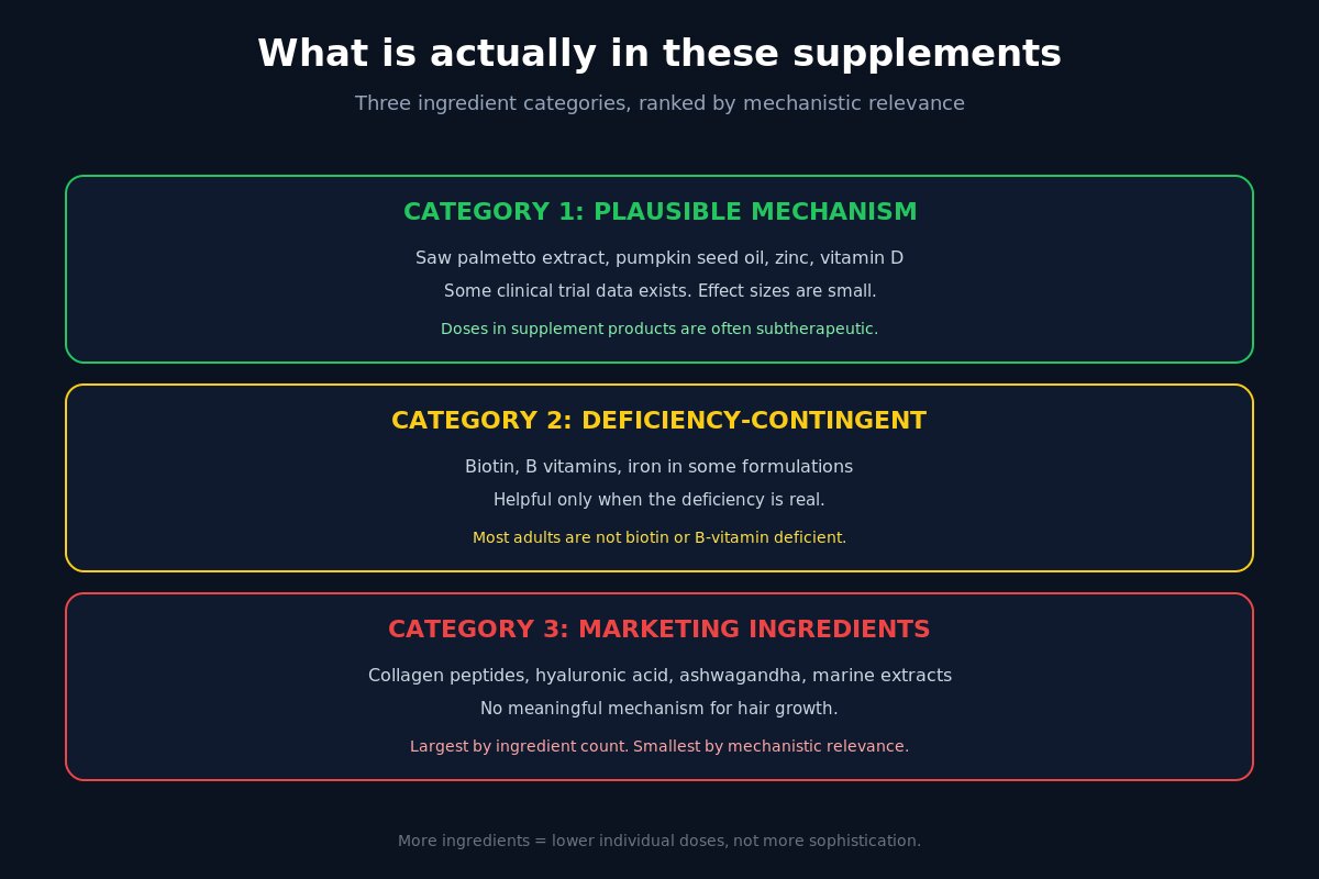 DHT blocker supplement ingredients in three categories - mechanism, deficiency, marketing