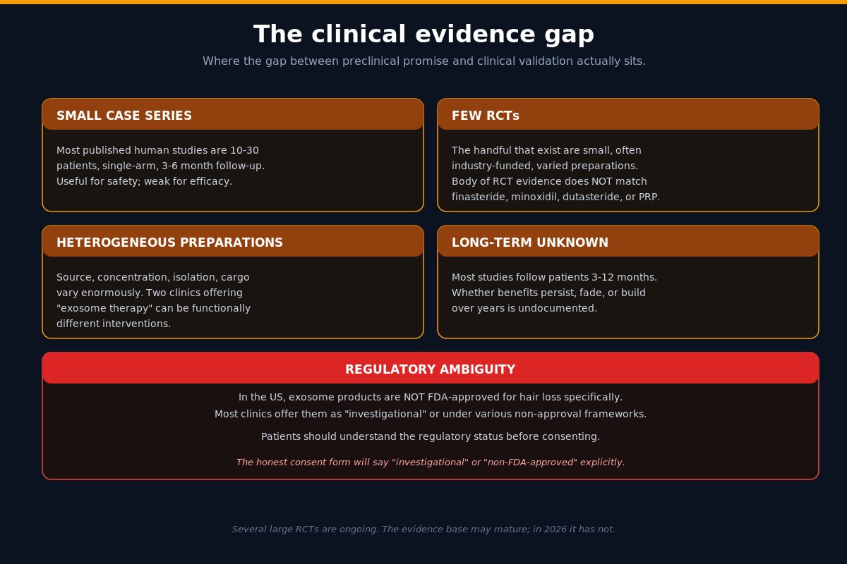 Exosomes hair loss clinical evidence gap - small case series, few RCTs, regulatory ambiguity