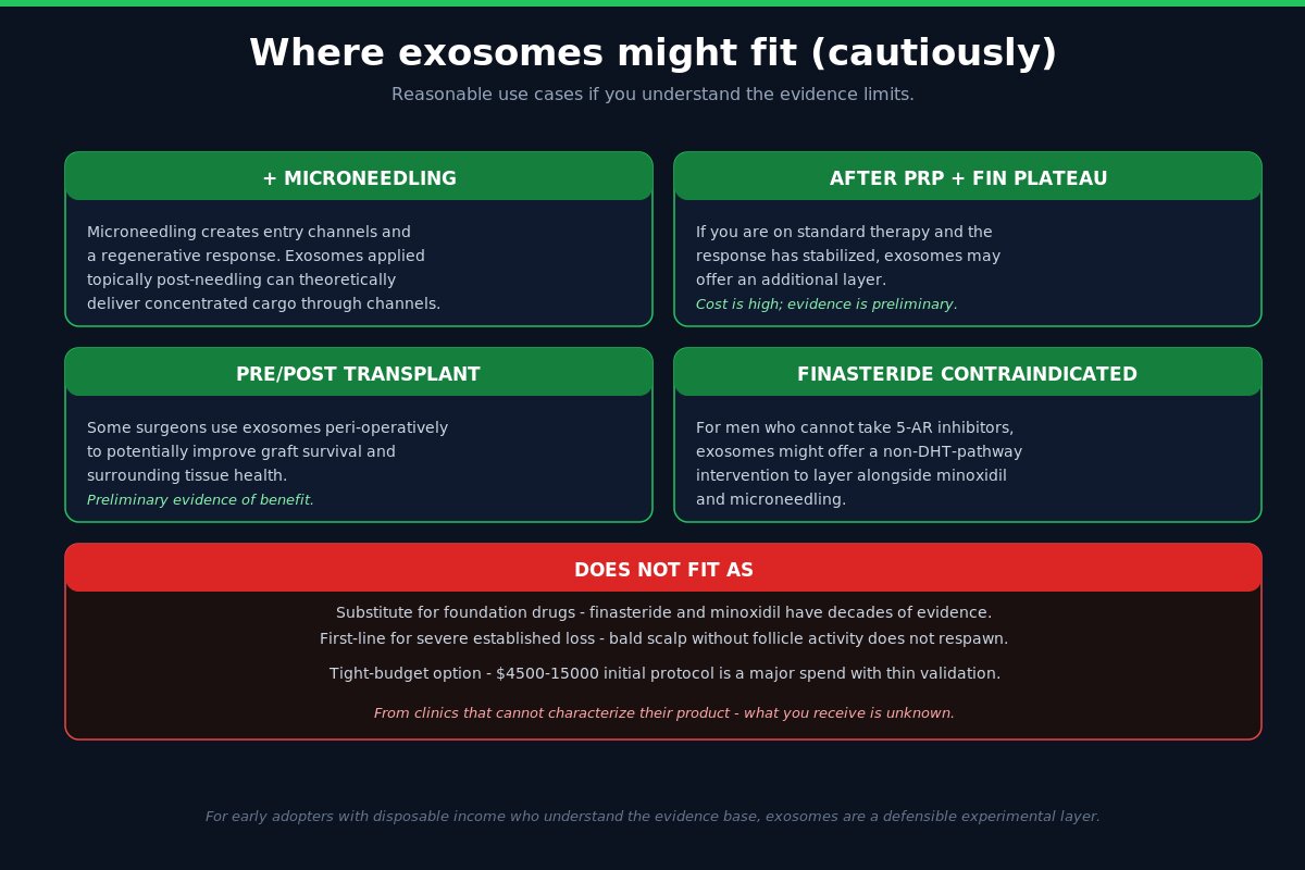 Where exosomes hair loss fit - microneedling combination, post-PRP plateau, transplant adjunct