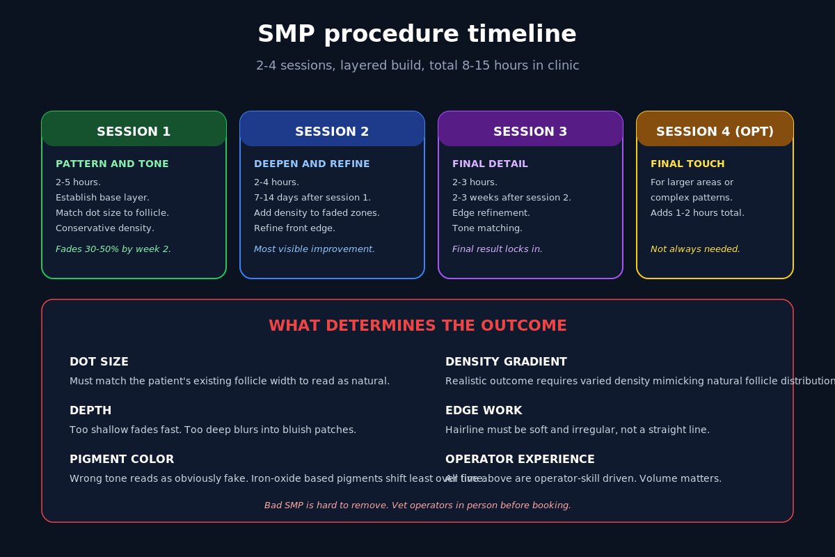 Scalp micropigmentation procedure timeline - 2-4 sessions, layered build, operator-quality factors