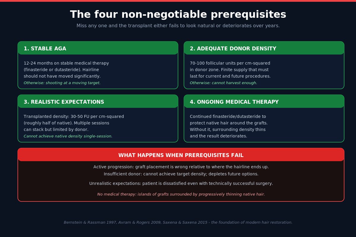 Hair transplant four prerequisites - stable AGA, donor density, expectations, medical therapy