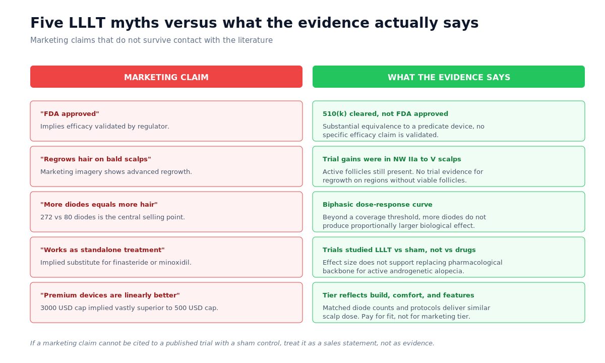 Five LLLT marketing myths matched against what the published evidence actually shows