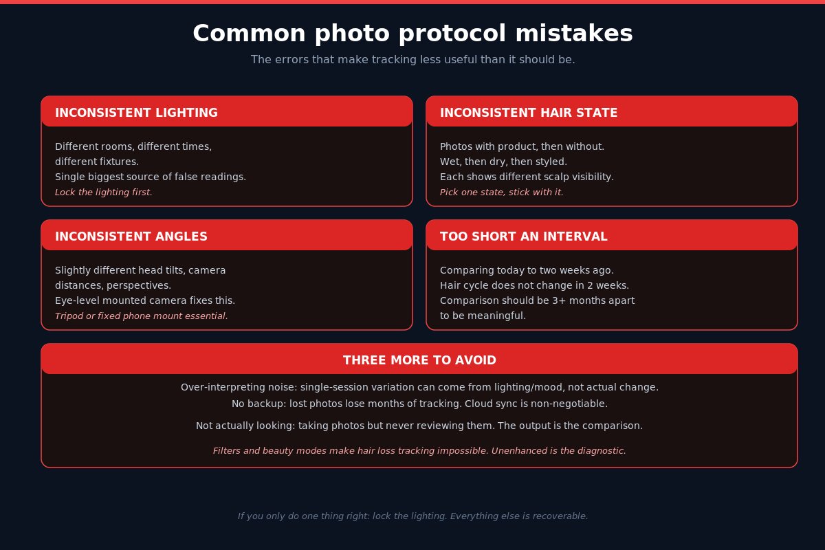 Common photo protocol mistakes - inconsistent lighting, hair state, angles, intervals