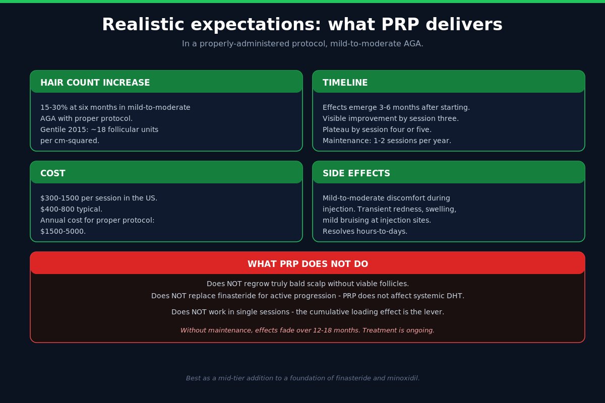 PRP hair loss realistic expectations - hair count timeline cost side effects