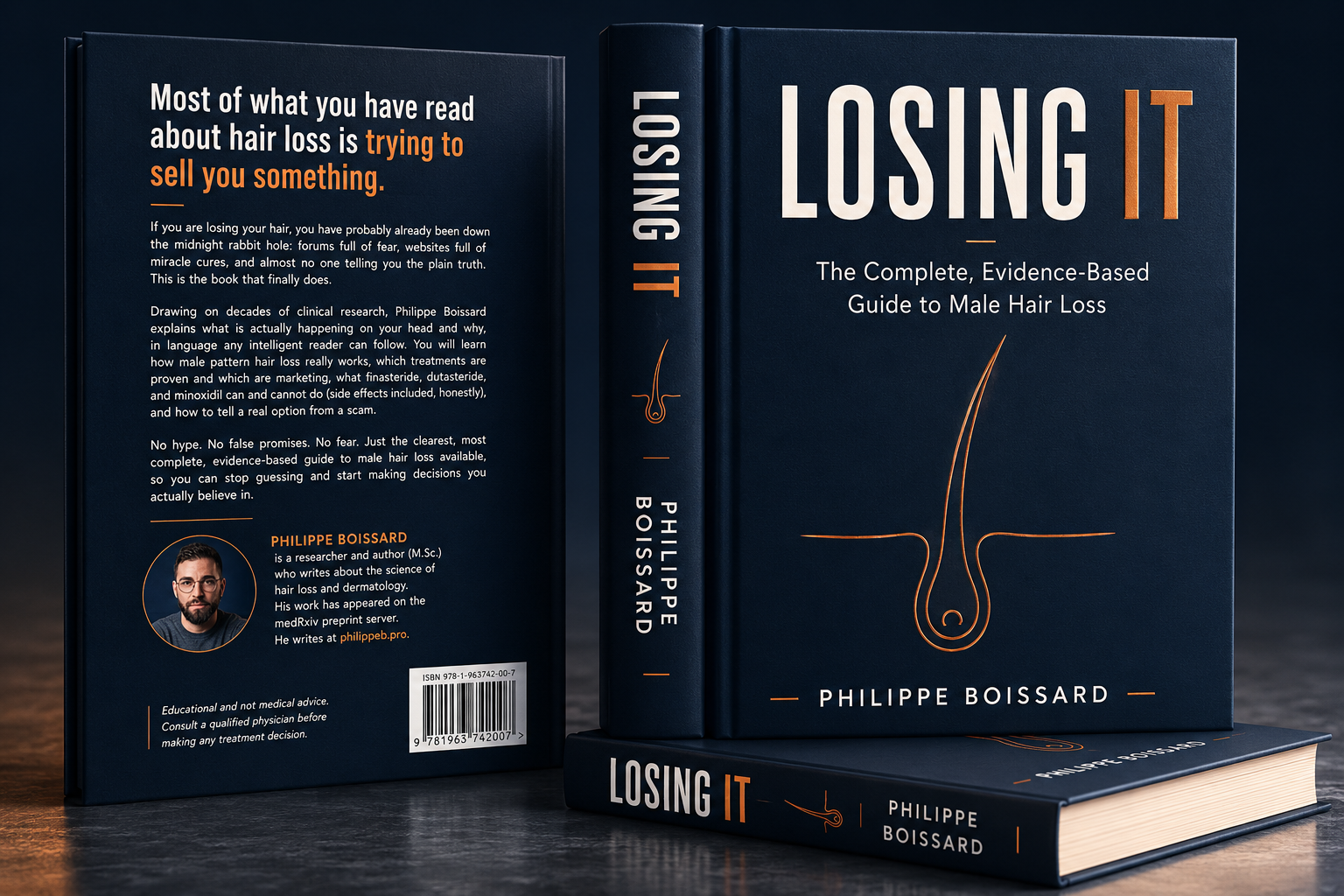 Losing It: The Complete, Evidence-Based Guide to Male Hair Loss. 3D cover render by hair-loss researcher Philippe Boissard (finasteride, dutasteride, minoxidil, androgenetic alopecia).