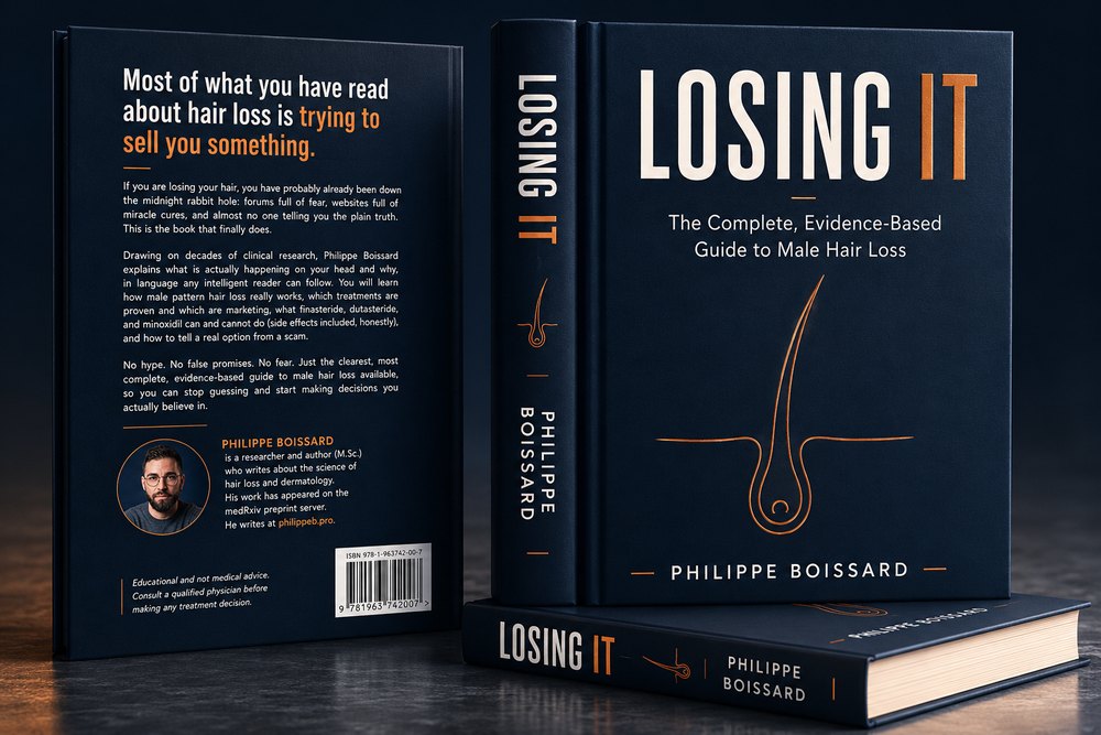 Losing It: The Complete, Evidence-Based Guide to Male Hair Loss, 3D book cover by hair-loss researcher Philippe Boissard.